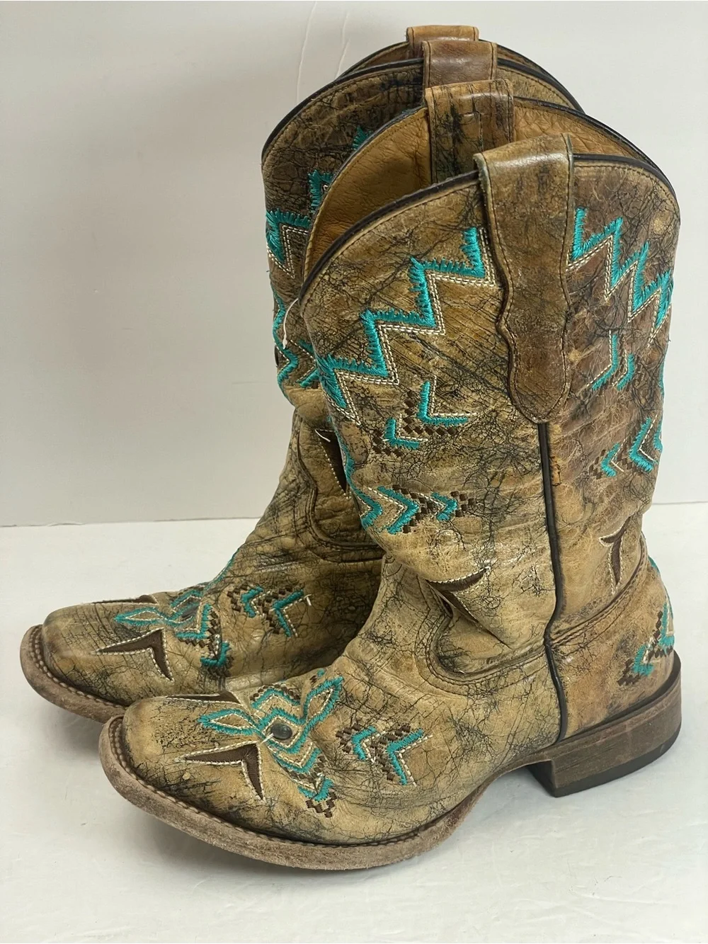Corral Teens Cowboy Boots Girls Size 3 Tan Turquoise Embroidered Western